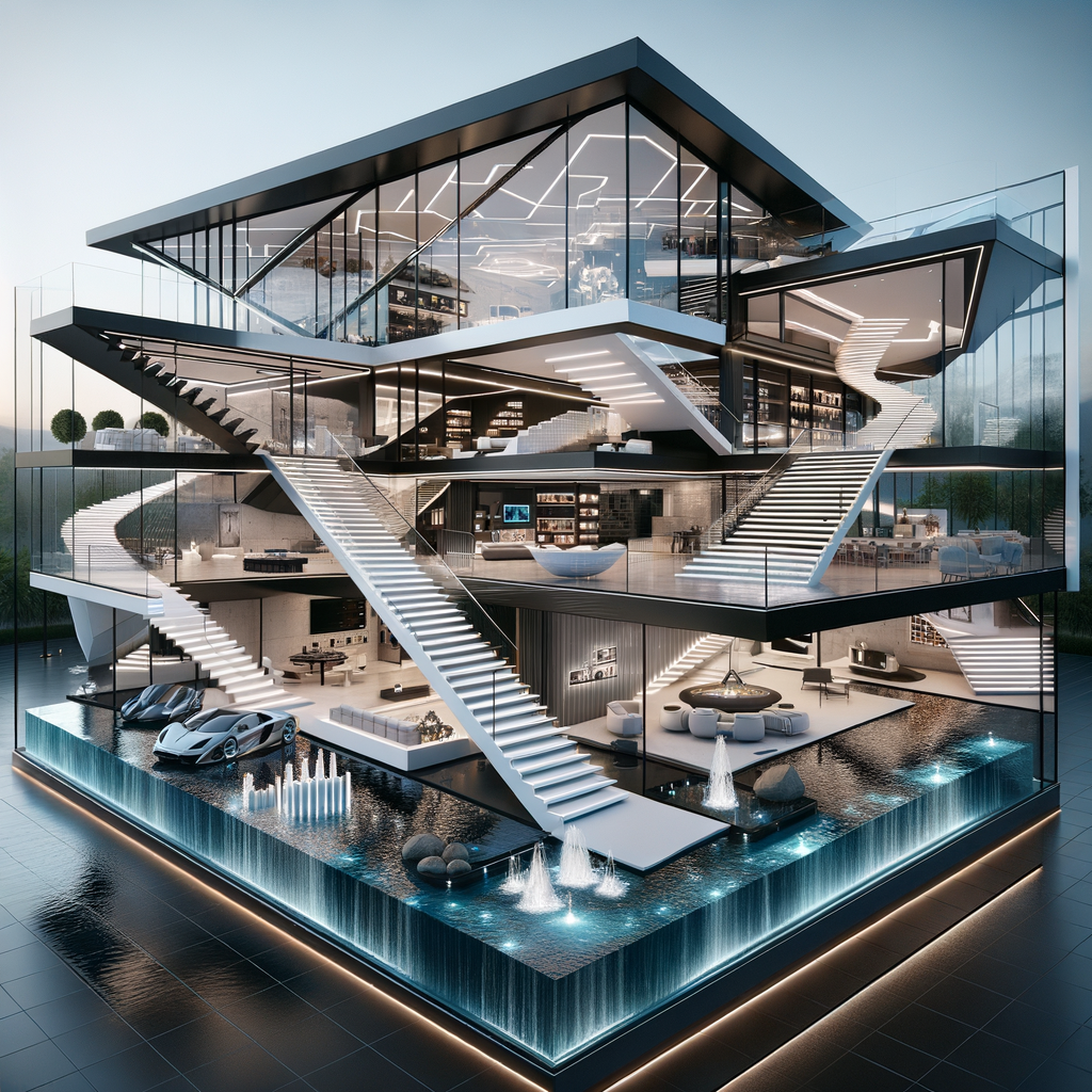 A futuristic, ultra-modern glass mansion in Bloxburg, designed with sharp angles, floating staircases, and floor-to-ceiling windows. The house features a minimalist color palette of white, black, and gray, with luxurious furniture and LED accent lighting. A stunning infinity pool wraps around the house, featuring a built-in waterfall and glass bridge. The rooftop lounge includes a hot tub, a fire pit, and breathtaking views. The home also includes a gaming room, home office, and walk-in closets.
