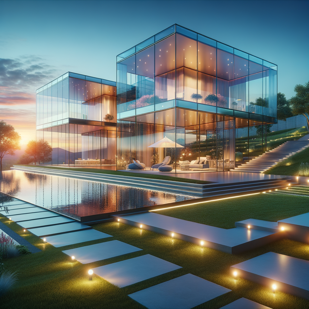 A futuristic ultra-modern glass house positioned on a scenic hillside. The house features a combination of glass, steel, and concrete, with large transparent walls that reflect the sunset. The exterior has a clean, minimalist aesthetic with sharp angles and an extended balcony. The surroundings include a well-manicured garden and LED pathway lighting. A luxurious infinity pool sits at the edge of the property, seamlessly blending with the landscape.