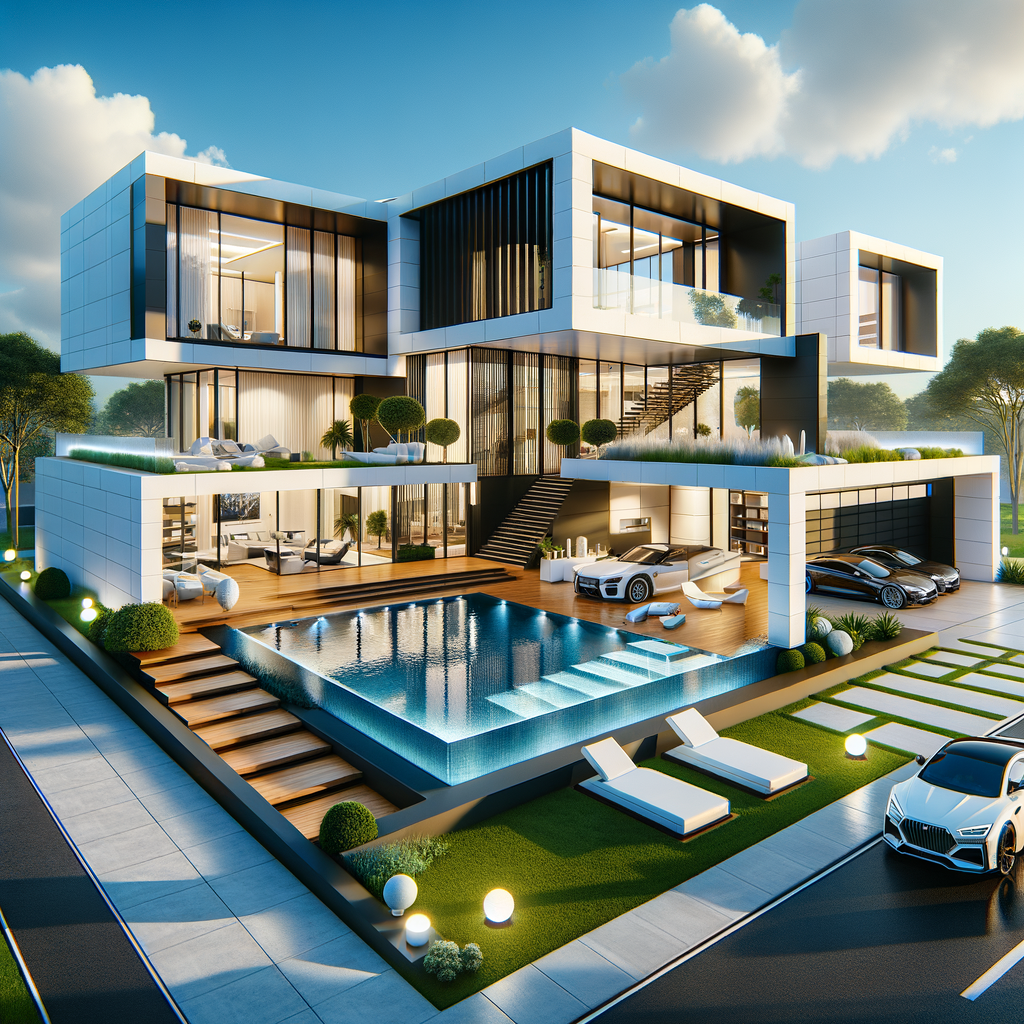 A stunning, fully visible modern luxury mansion with a sleek white and black exterior, massive floor-to-ceiling windows, and sharp geometric architecture. The house has a spacious driveway leading to a garage, with luxury cars parked outside. A beautiful swimming pool sits in the backyard, surrounded by a wooden deck with lounge chairs and palm trees. The landscaping includes trimmed hedges and modern outdoor lighting. The bright daylight enhances the house’s clean and futuristic aesthetic.