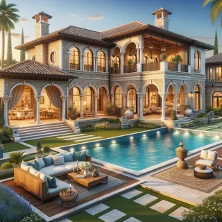 A luxurious Mediterranean-style villa in Bloxburg with elegant stonework, arched windows, and a clay tile roof. The grand entrance opens to a beautiful courtyard with a fountain. Inside, there are warm wooden floors, exposed beams, and a spacious open-concept design. The backyard features a sparkling blue pool surrounded by palm trees, a hot tub, and a covered outdoor dining area. The home includes a grand master suite, a wine cellar, and a stunning balcony overlooking the pool area