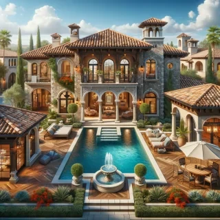 A luxurious Mediterranean-style villa in Bloxburg with elegant stonework, arched windows, and a clay tile roof. The grand entrance opens to a beautiful courtyard with a fountain. Inside, there are warm wooden floors, exposed beams, and a spacious open-concept design. The backyard features a sparkling blue pool surrounded by palm trees, a hot tub, and a covered outdoor dining area. The home includes a grand master suite, a wine cellar, and a stunning balcony overlooking the pool area