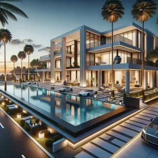 A stunning ultra-modern luxury mansion with a sleek, minimalist design. The house features large floor-to-ceiling glass windows, white and black exterior walls, and elegant geometric architecture. A spacious outdoor area includes a luxurious infinity pool overlooking a scenic view, along with palm trees and outdoor lounge seating. The mansion is surrounded by ambient lighting, showcasing its grandeur at sunset. The driveway features luxury cars and a well-maintained garden