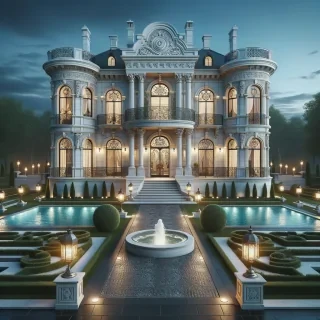 A grand European-style mansion with elegant white stone walls, tall columns, and an intricate wrought-iron balcony. The house has a symmetrical design, featuring large windows and a grand entrance with a double staircase. The exterior is illuminated by vintage lantern-style lighting. The driveway is lined with trimmed hedges leading to a circular fountain. The backyard includes a sophisticated garden with a rectangular swimming pool, stone pathways, and a gazebo for outdoor relaxation.