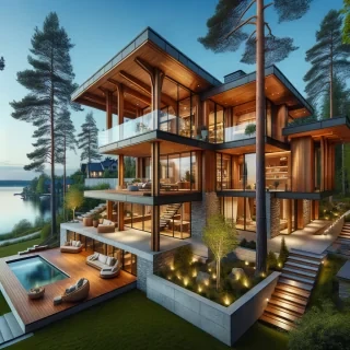 A modern lakefront house with a beautiful blend of wood, glass, and stone. The house is fully visible, showcasing its multi-level architecture with a spacious terrace. The exterior is surrounded by trees and nature, creating a peaceful atmosphere. The backyard features a wooden deck with a hot tub and a fire pit area overlooking the calm lake waters. Large windows reflect the soft glow of the evening lights, making the house look warm and inviting.