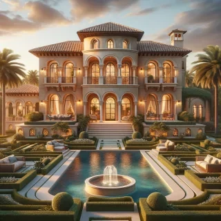 A luxurious Mediterranean-style villa with a warm beige stucco exterior, arched windows, and a terracotta-tiled roof. The grand entrance has a circular driveway with a fountain centerpiece. The house is surrounded by lush landscaping, including palm trees and trimmed hedges. The backyard features an elegant swimming pool with stone pathways leading to a pergola-covered seating area. The golden sunset enhances the villa’s rich textures and warm lighting.