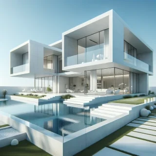 A breathtaking, minimalist contemporary villa with an all-white exterior, smooth concrete walls, and large glass panels reflecting the clear blue sky. The house is designed with multiple levels, featuring a floating balcony and an open rooftop space. A small, stylish swimming pool with crystal-clear water is placed in the front yard, surrounded by a mix of white stone and green grass. The entrance has a sleek, oversized door with an elegant walkway leading to it. The perspective allows the full house to be seen, making it perfect for Bloxburg builders looking for inspiration.