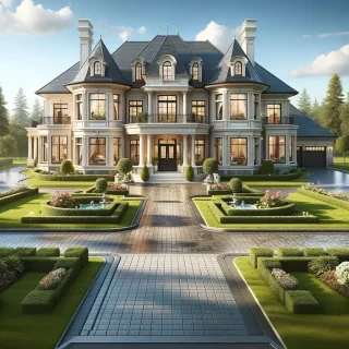 A large, elegant suburban mansion with a symmetrical design, soft beige and white exterior walls, and dark gray roofing. The house features a double-door entrance with large windows on both floors, allowing natural light to flow inside. The driveway is paved with stone tiles, leading to a three-car garage. The front yard is decorated with flower beds, neatly trimmed bushes, and a small water fountain. The bright daylight highlights the mansion’s luxurious design and clean aesthetic, making it an ideal inspiration for Bloxburg creators.