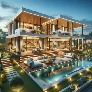 A stunning, ultra-realistic luxury modern mansion designed for Bloxburg. The house features a sleek contemporary exterior with large glass windows, a grand entrance, and high-end architectural details. The interior is spacious and open-concept, with a modern kitchen, stylish living area, and elegant bedrooms. Outside, there is a beautifully designed backyard with an infinity swimming pool, cozy lounge areas, and lush landscaping. The lighting is warm and inviting, creating a perfect blend of comfort and sophistication. The design emphasizes realism, high detail, and a premium aesthetic.