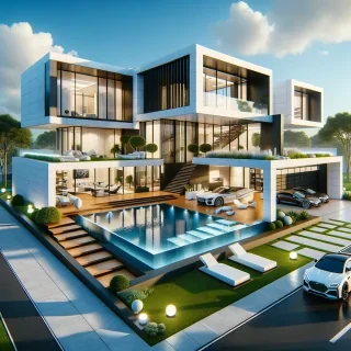 A stunning, fully visible modern luxury mansion with a sleek white and black exterior, massive floor-to-ceiling windows, and sharp geometric architecture. The house has a spacious driveway leading to a garage, with luxury cars parked outside. A beautiful swimming pool sits in the backyard, surrounded by a wooden deck with lounge chairs and palm trees. The landscaping includes trimmed hedges and modern outdoor lighting. The bright daylight enhances the house’s clean and futuristic aesthetic.