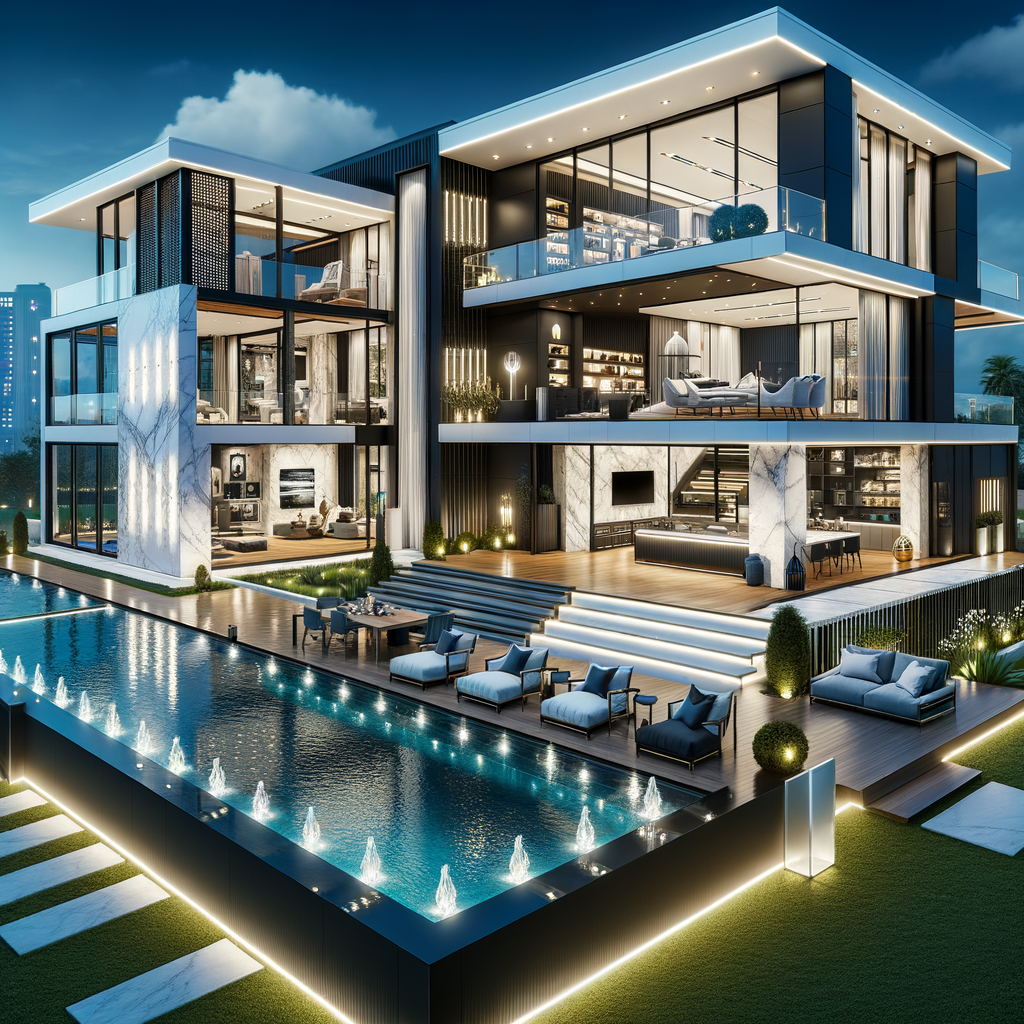 A breathtaking ultra-modern luxury mansion in Bloxburg. This house features a sleek black and white exterior with large glass windows, marble accents, and custom lighting. The open-concept interior includes a grand foyer, high ceilings, a spacious living room, and a state-of-the-art kitchen with a waterfall island. The backyard boasts a massive infinity pool with LED lights, a sunken fire pit, and an outdoor kitchen for entertaining. The house also includes a private gym, a cinema room, and a rooftop terrace with city views